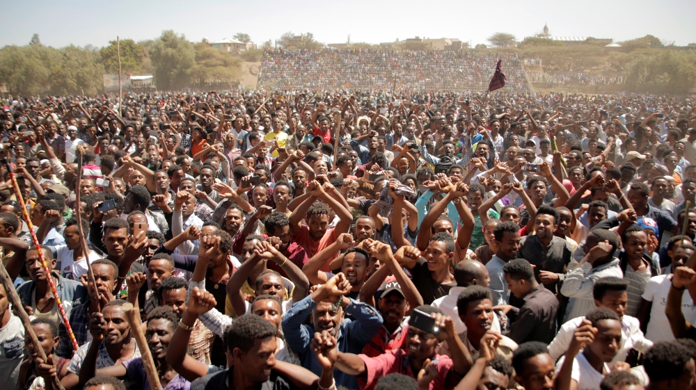 Supporters of Bekele Gerba, secretary general of the Oromo Federalist Congress (OFC), chant slogans to celebrate Gerba''s release from prison, in Adama, Oromia Region