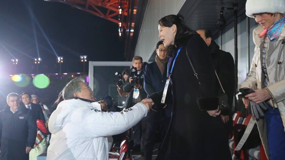 South Korean President Moon Jae-in shakes hands with Kim Jong Un''s younger sister Kim Yo Jong at the Winter Olympics opening ceremony in Pyeongchang