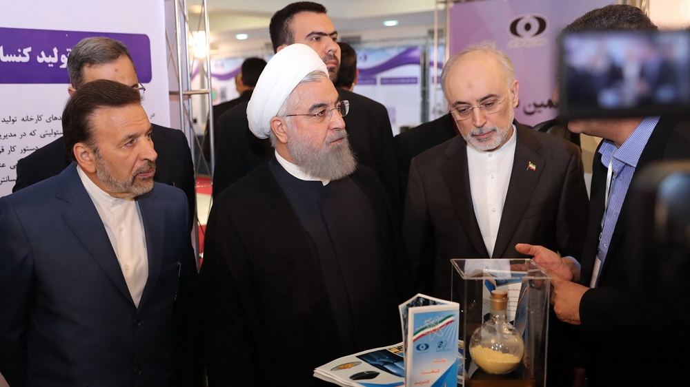 Iran's nuclear chief, Ali Akbar Salehi [right] with President Hassan Rouhani on Monday [AFP]