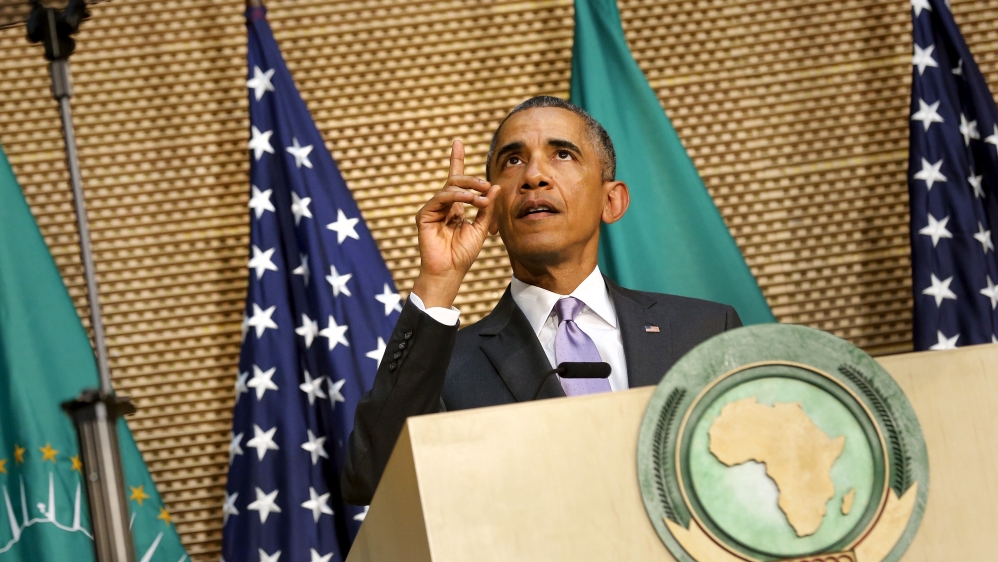 U.S. President Barack Obama talks about presidential term limits during remarks at the African Union in Addis Ababa