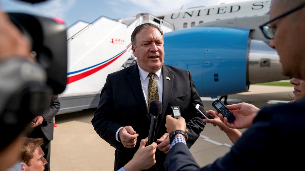 U.S. Secretary of State Mike Pompeo speaks to members of the media at Sunan International Airport in Pyongyang