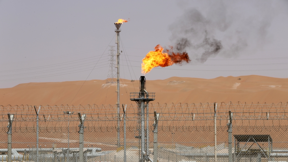 Flames are seen at the production facility of Saudi Aramco''s Shaybah oilfield in the Empty Quarter