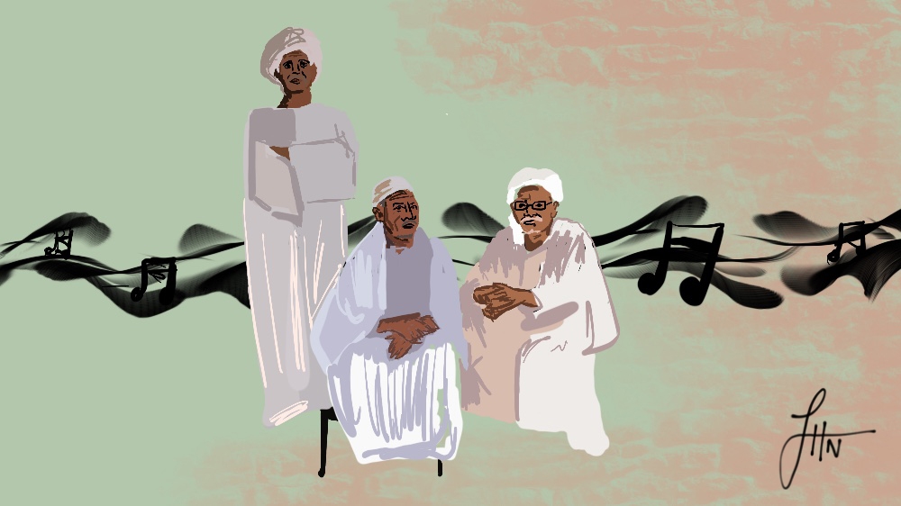  Shopkeepers take a break at Omdurman market, December 2017 [Original photo: Janto Djassi/Picture Me Different. Illustration by Jawahir Hassan Al-Naimi/Al Jazeera]
