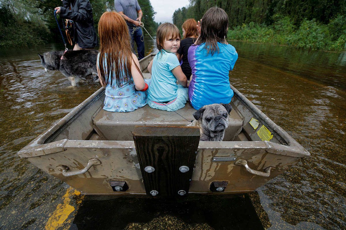 Iva Williamson, 4, peers behind her as she joins neighbors and pets in fleeing rising flood waters in the aftermath of Hurricane Florence in Leland, North Carolina, U.S., September 16, 2018. REUTERS/J