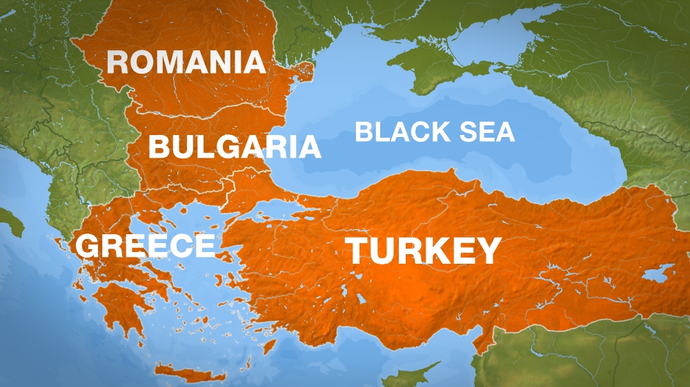 a map of Black Sea showing Turkey, Greece, Bulgaria and Romania