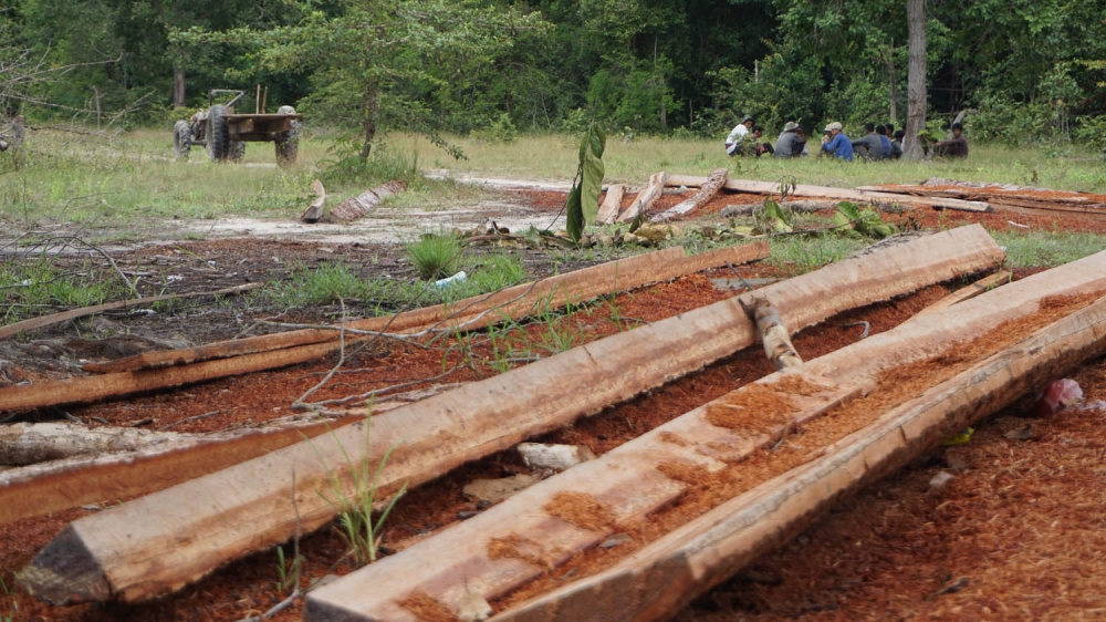 A group of indigenous Koi people are given a lesson in forest sustainability after they were found cutting down trees on the edge of Chom Penh [Matt Blomberg/Al Jazeera]