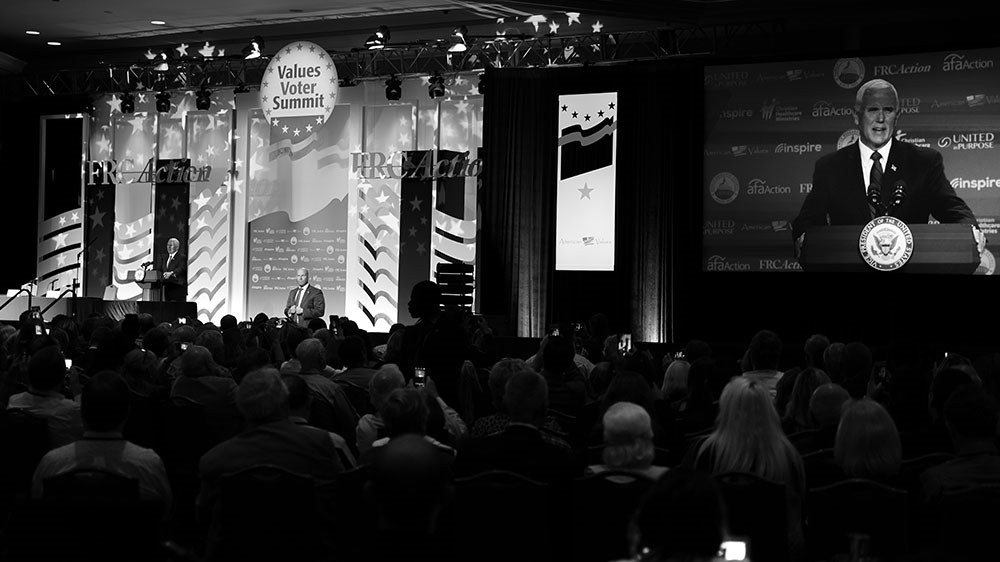 The Trump administration is loaded with evangelicals, including Vice President Mike Pence, Secretary of Education Betsy Devos and Secretary of Housing and Development Ben Carson [Josh Rushing/Al Jazeera] 