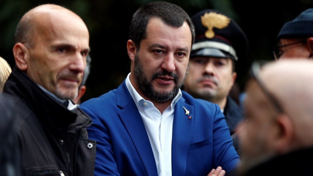 Italy''s Interior Minister Matteo Salvini arrives after police confiscated a villa built illegally by an alleged Mafia family in Rome