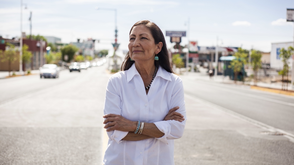 Deb Haaland poses for a portrait in a Nob Hill Neighborhood in Albuquerque, New Mexico [Juan Labreche/AP Photo]