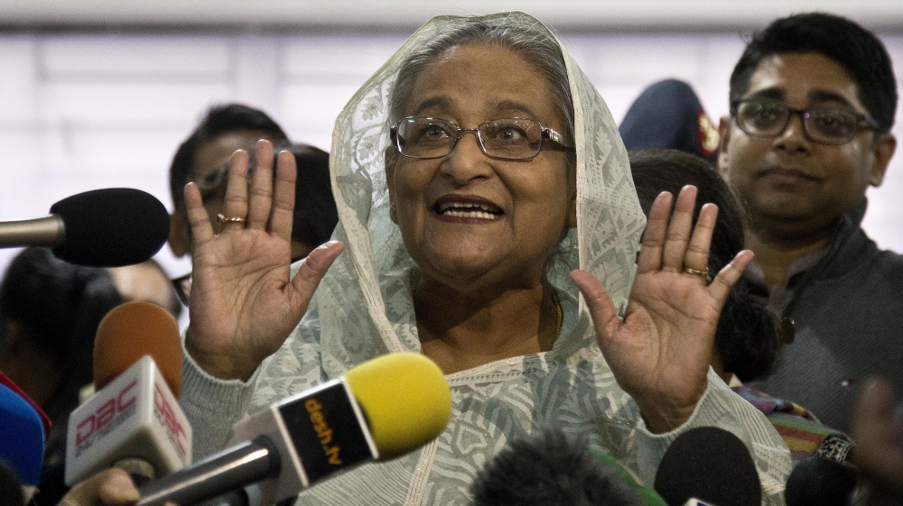 Bangladesh Prime Minister Sheikh Hasina speaks to the media persons after casting her vote in Dhaka, Bangladesh, Sunday, Dec. 30, 2018. Voting began Sunday in Bangladesh''s contentious parliamentary e