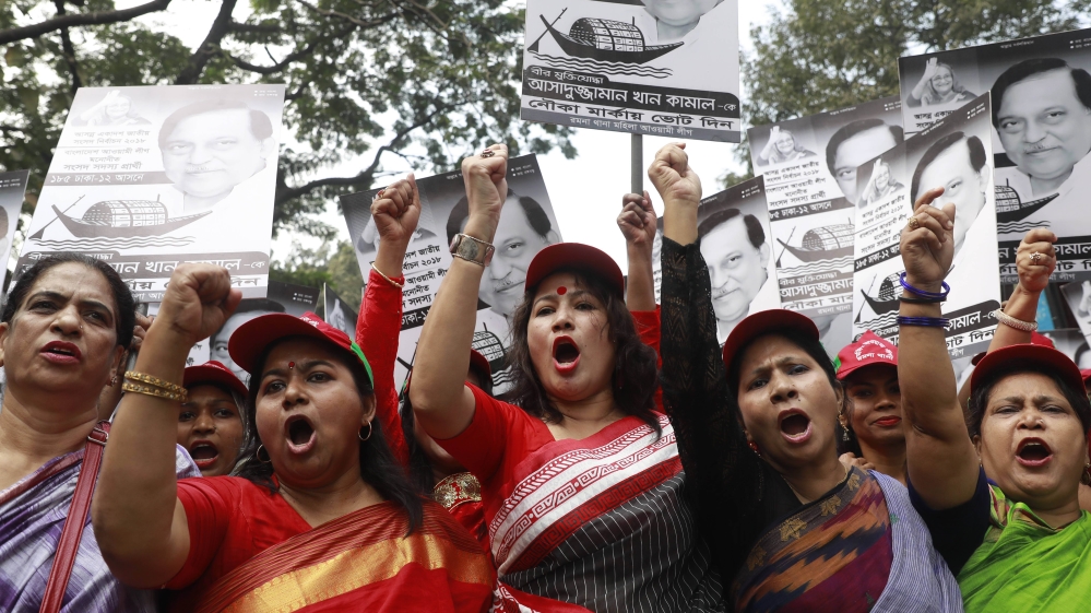 Supporters of Bangladesh''s Home Minister Asaduzzaman Khan shout slogans during an election campaign rally in Dhaka, Bangladesh, Saturday, Dec. 15, 2018. General elections in the country is scheduled f