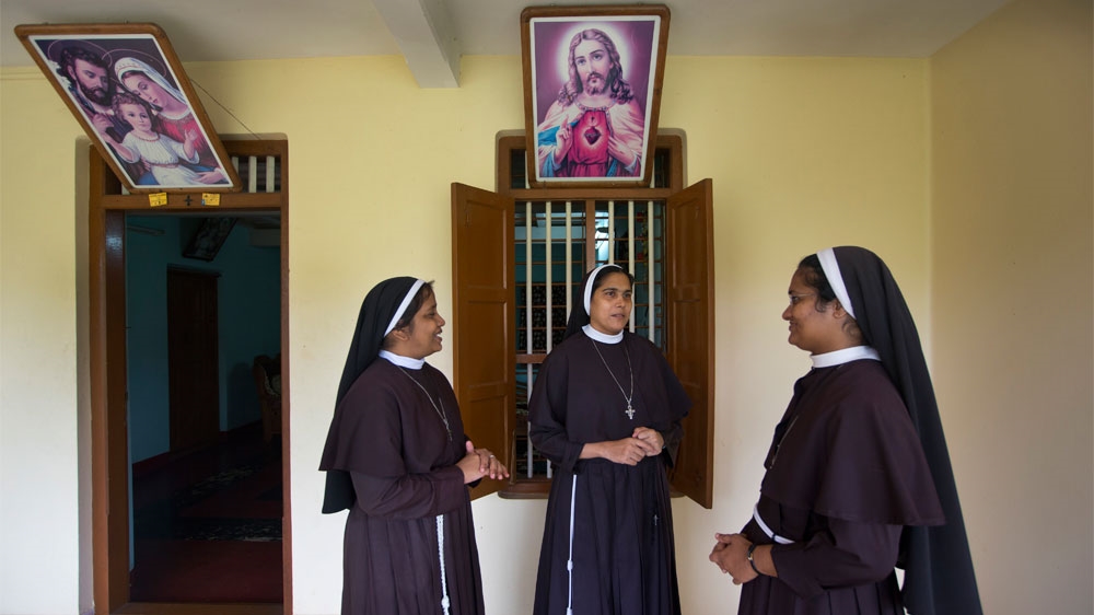 Sister Josephine Villoonnickal, left, sister Alphy Pallasseril, centre, and Sister Anupama Kelamangalathu, have supported the accusation of rape against Bishop Franco Mulakkal [Manish Swarup/AP]