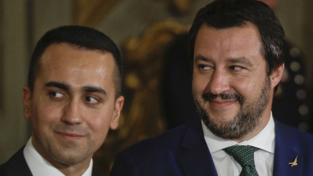 Leader of the League party, Matteo Salvini, right, stands by Luigi Di Maio, leader of the Five-Star movement, prior to the swearing-in ceremony for Italy''s new government at Rome''s Quirinale President