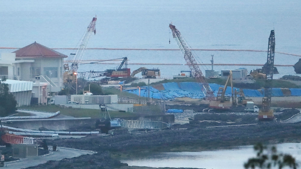 Land reclamation for the proposed site for the relocated US military base in Nago, Okinawa on February 23, 2019. Okinawans have rejected the plan to relocate the base [Jiji Press/AFP]