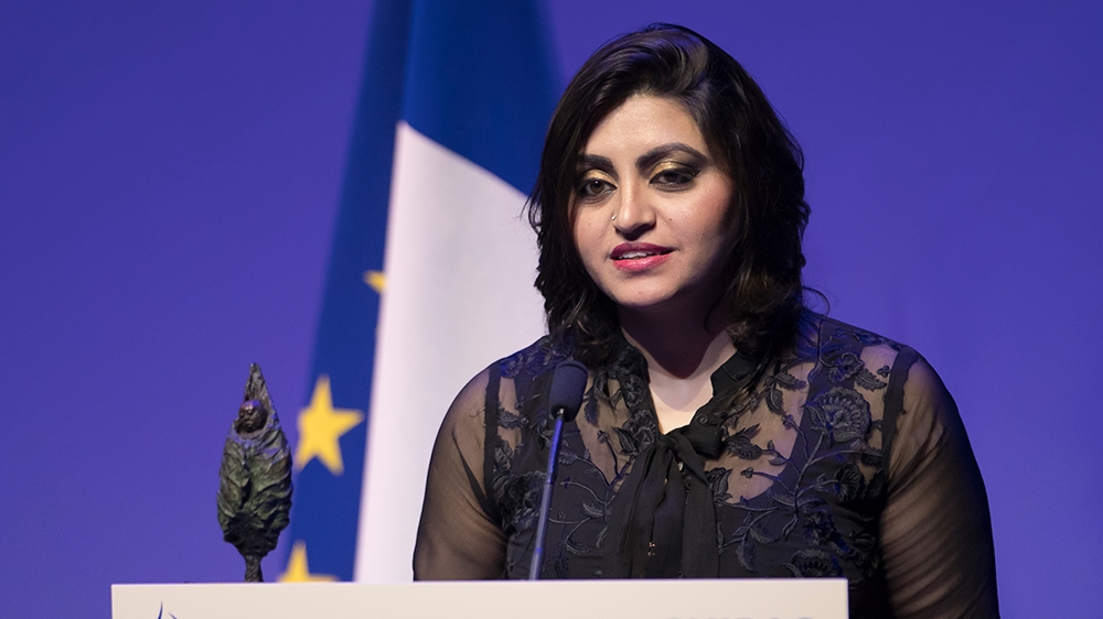 Pakistan''s Gulalai Ismail delivers an acceptance speech after being awarded the Prize for Conflict Prevention for the work of her organization ''Aware Girls'' promoting women''s issues and equality i
