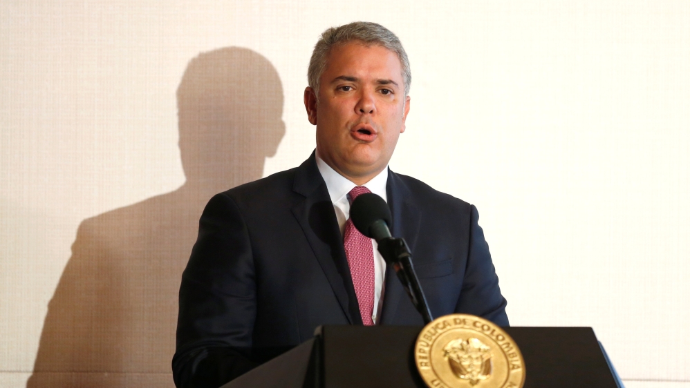 Colombia's President Ivan Duque speaks during a meeting of the Lima Group [Luisa Gonzalez/Reuters]