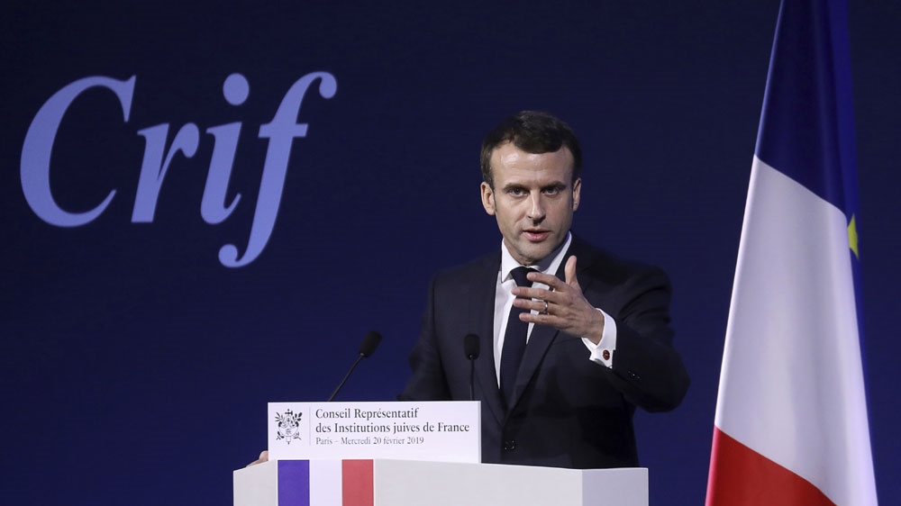 France''s President Emmanuel Macron gives a speech during the 34rd annual dinner of the group CRIF, Representative Council of Jewish Institutions of France, in Paris.