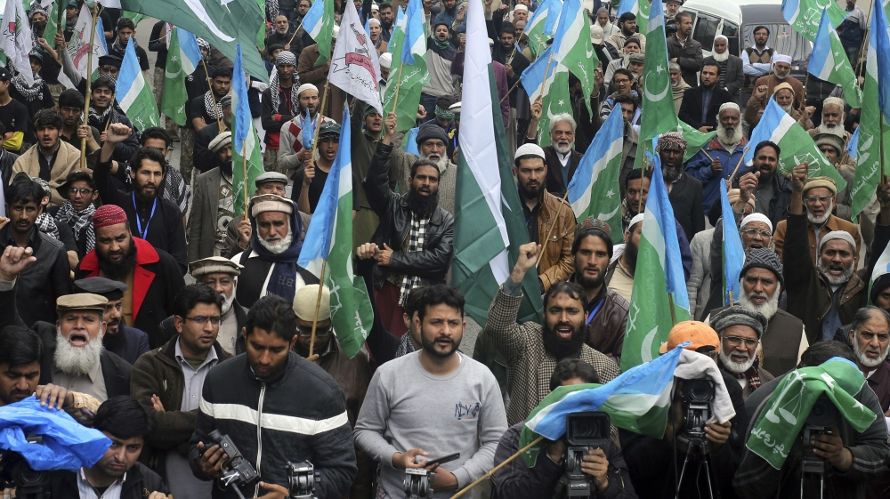 Supporters of Jamaat-e-Islami protest in Lahore against India's ban [KM Chaudary/AP Photo]