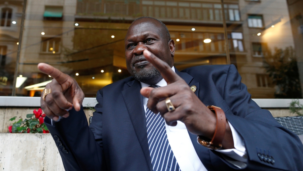 South Sudan''s ex-vice president and former rebel leader Riek Machar gestures during an interview with Reuters in Rome