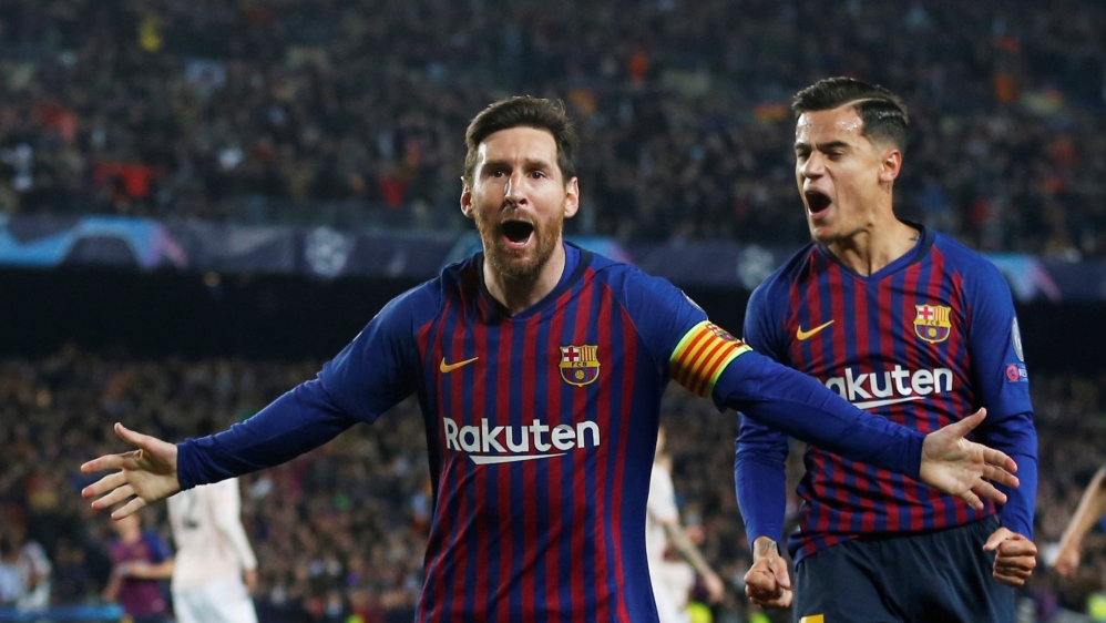Soccer Football - Champions League Quarter Final Second Leg - FC Barcelona v Manchester United - Camp Nou, Barcelona, Spain - April 16, 2019 Barcelona''s Lionel Messi celebrates scoring their first goa