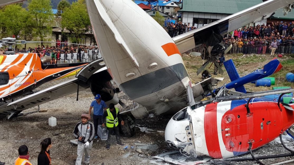 The site of an airplane crash is pictured in Lukla