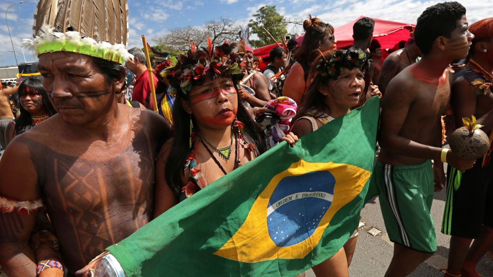 Brazilian Indigenous people from various ethnic groups take part in protest against the policies of the government of President Michel Temer and the demarcation of indigenous lands, in Brasilia