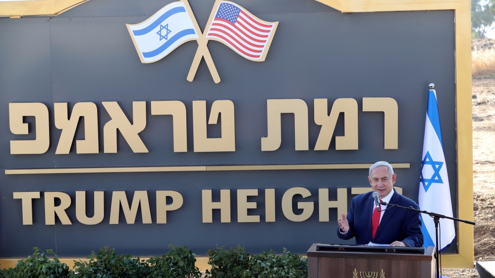Israeli Prime Minister Benjamin Netanyahu speaks during a ceremony to unveil a sign for a new community named after U.S. President Donald Trump, in the Israeli-occupied Golan Heights