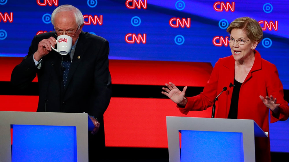 Democratic 2020 US presidential candidates Senator Bernie Sanders and US Senator Elizabeth Warren during the first night of the second 2020 Democratic debate