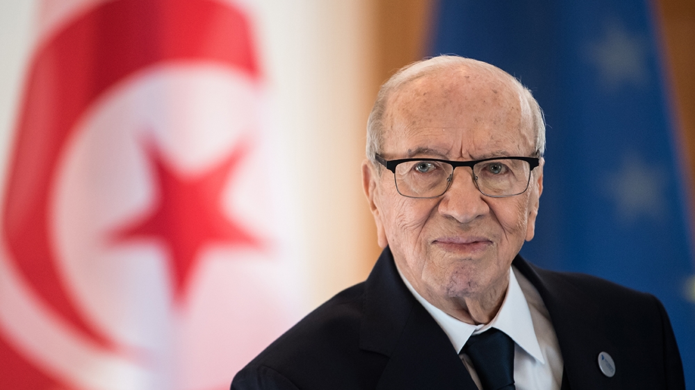 Picture taken on October 30, 2018 shows Tunisian President Beji Caid Essebsi during a visit at the presidential Bellevue Palace in Berlin. - Essebsi, the North African country''s first democratically e