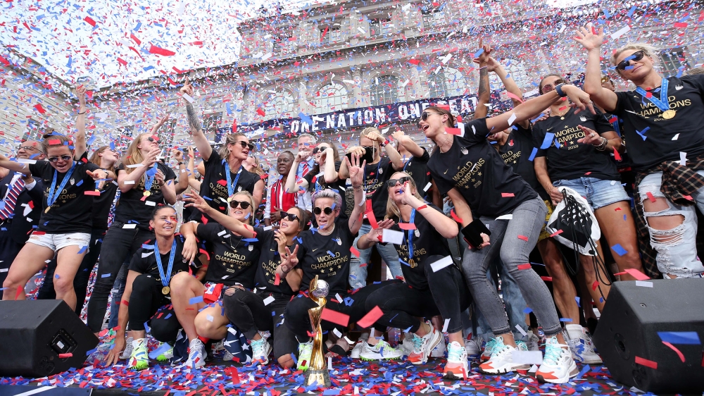 The United States women's national soccer team celebrates at City Hall after the ticker-tape parade for the United States women's national soccer team down the canyon of heroes in New York City. Manda