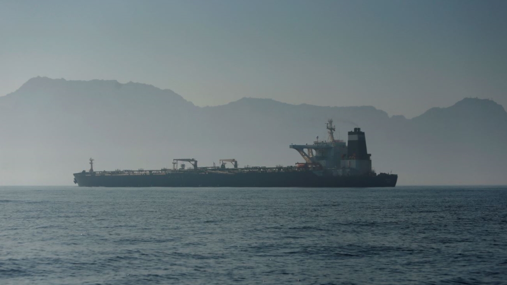 Iranian oil tanker Grace 1 sits anchored after it was seized in July by British Royal Marines off the coast of the British Mediterranean territory, in the Strait of Gibraltar