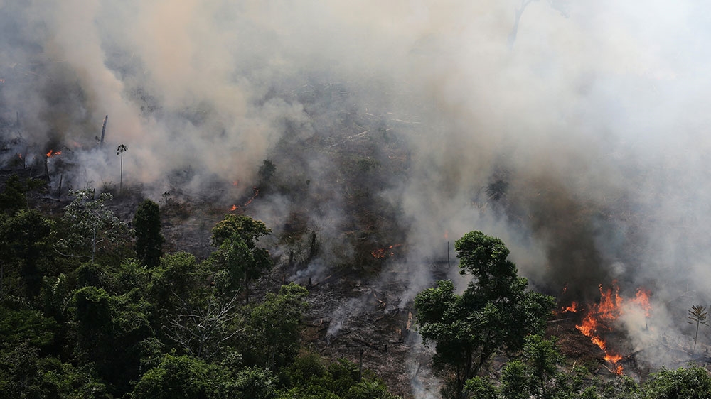 An aerial view of a tract of Amazon jungle burning as it is being cleared by loggers and farmers near the city of Novo Progresso, Para state