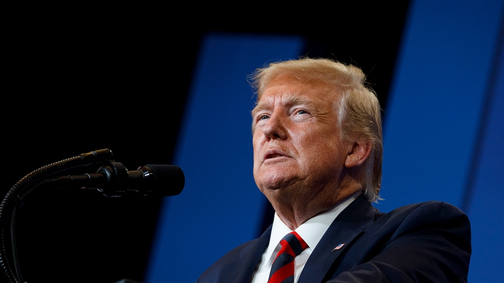 President Donald Trump pauses as he speaks at the 2019 House Republican Conference Member Retreat Dinner in Baltimore, Thursday, Sept. 12, 2019. (AP Photo/Carolyn Kaster)