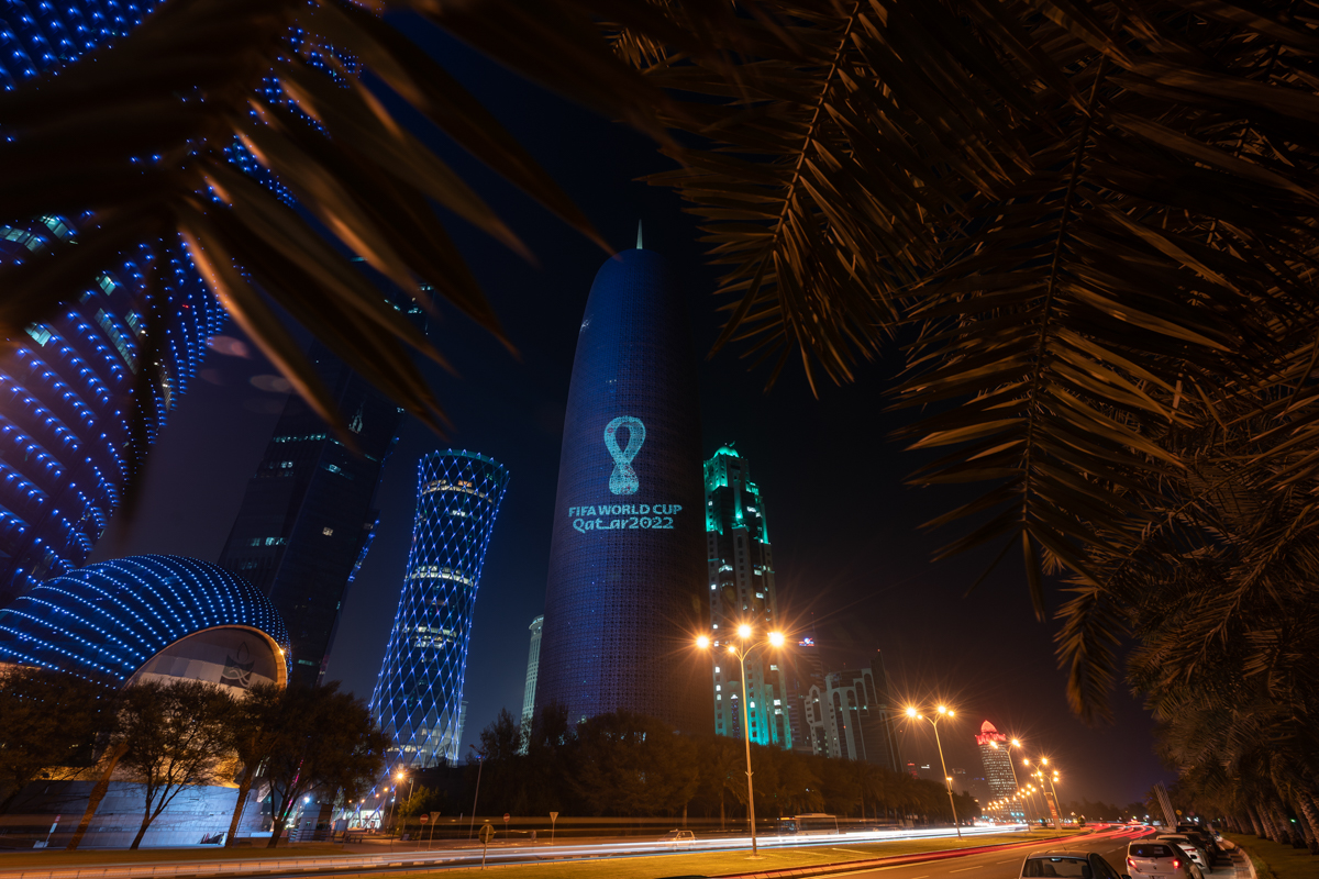 World Cup Logo projected on Doha Tower [Sorin Furcoi/Al Jazeera]