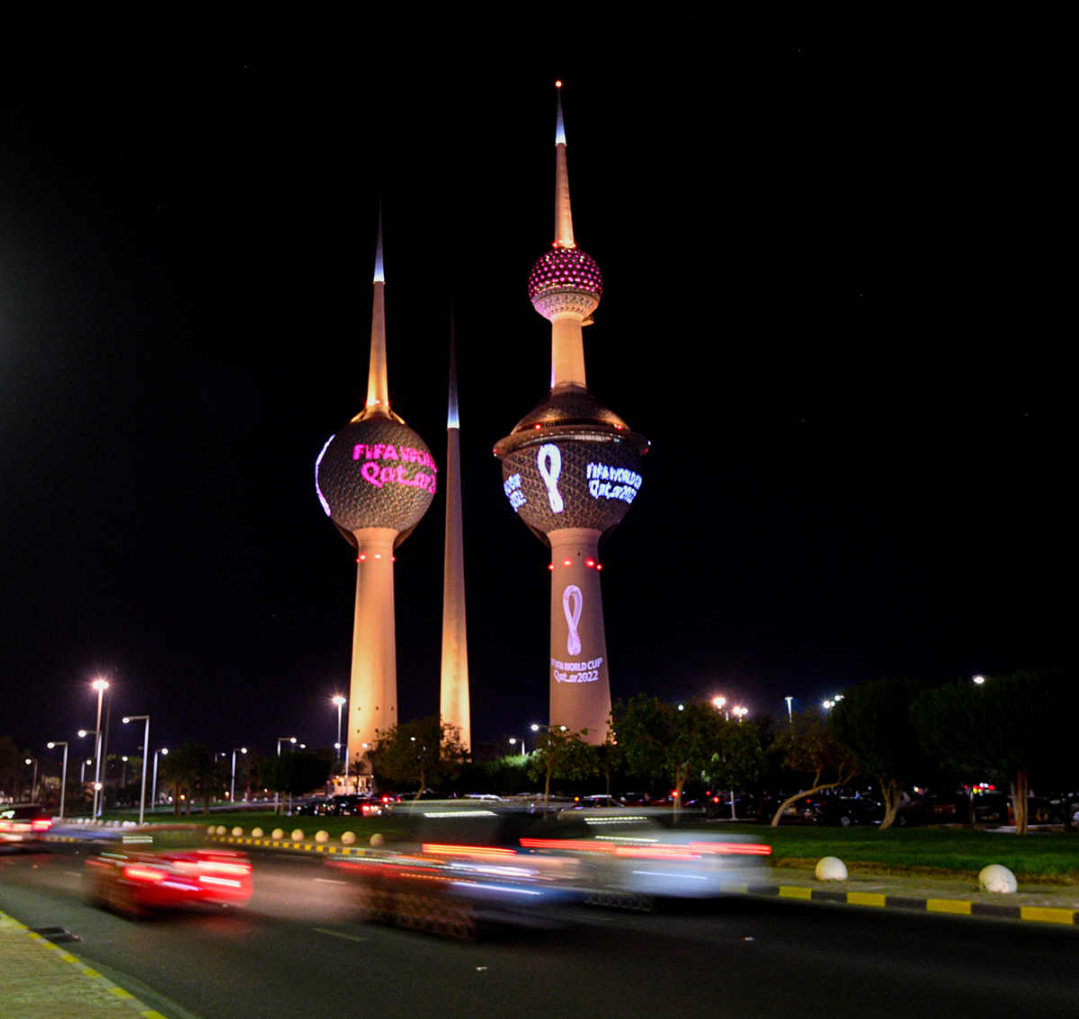 The official emblem of the FIFA soccer World Cup Qatar 2022 is displayed on the Kuwait tower in Kuwait city, Kuwait on 03 September 2019. The Official emblem of the FIFA World Cup Qatar 2022 was unvei
