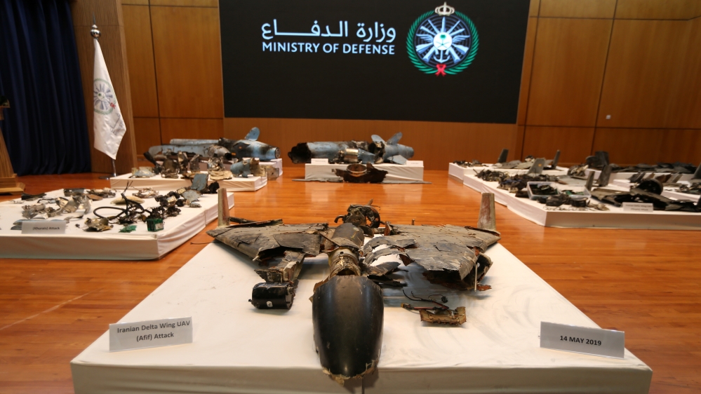 Remains of the missiles which Saudi government says were used to attack an Aramco oil facility, are displayed during a news conference in Riyadh