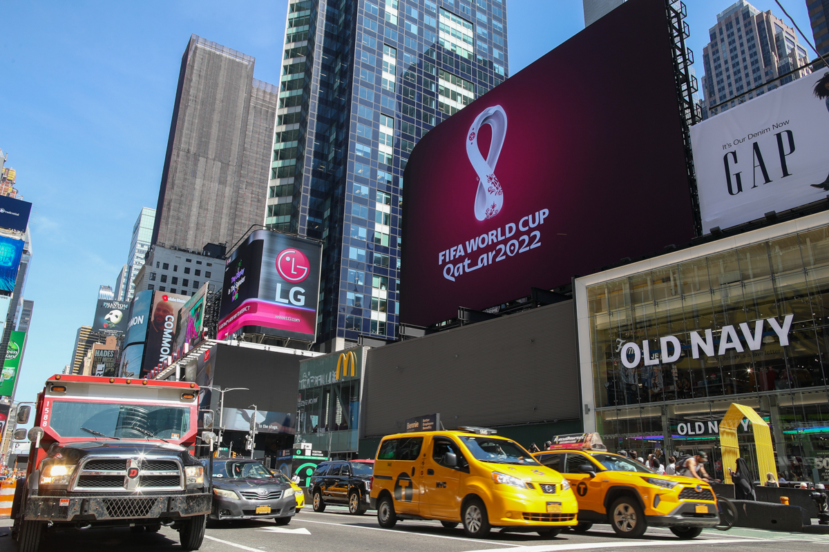 An electronic billboard displays a FIFA World Cup Qatar 2022 soccer logo, Tuesday, Sept. 3, 2019, in New York''s Times Square. (AP Photo/Mary Altaffer)