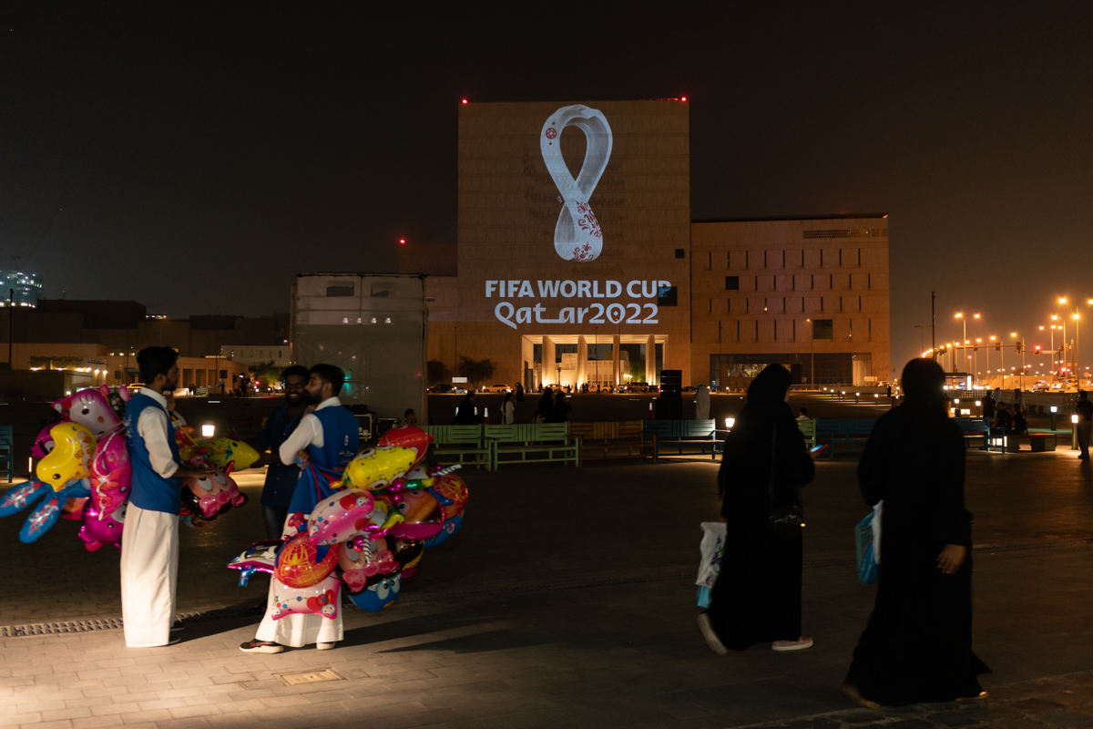 World Cup logo projected at Souq Waqif [Sorin Furcoi/Al Jazeera]