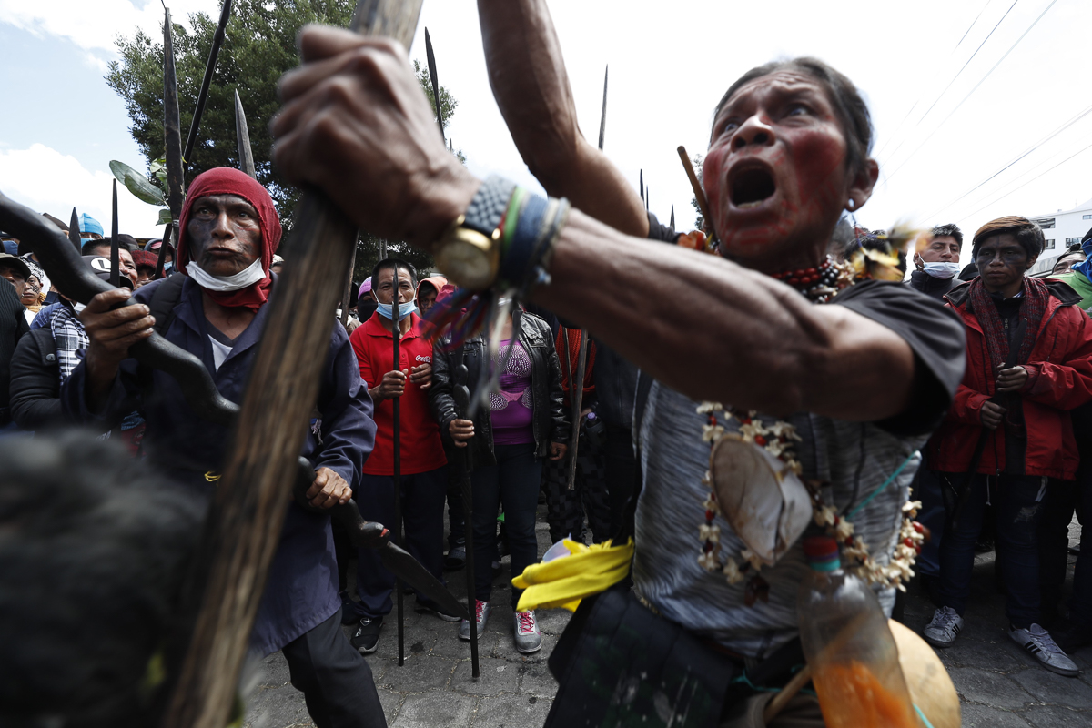 Indigenous people form the Amazon take part in a protest in Quito, Ecuador, 11 October 2019. Hundreds of warriors from the Ecuadorian Amazon joined the protests of indigenous people in Quito against t