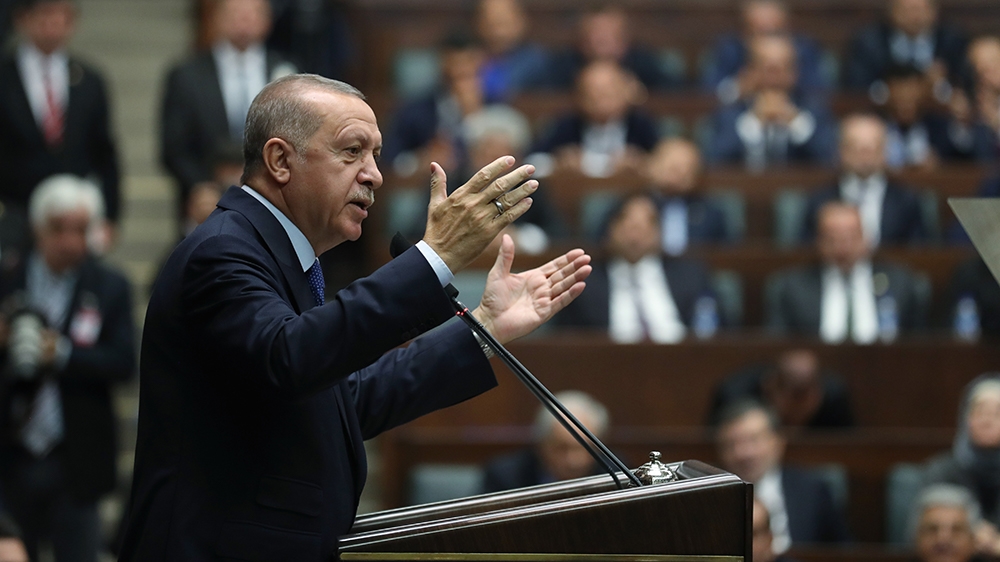 ANKARA, TURKEY - OCTOBER 16: President of Turkey and leader of Turkey's ruling Justice and Development (AK) Party Recep Tayyip Erdogan addresses the party members during his party's parliamentary grou