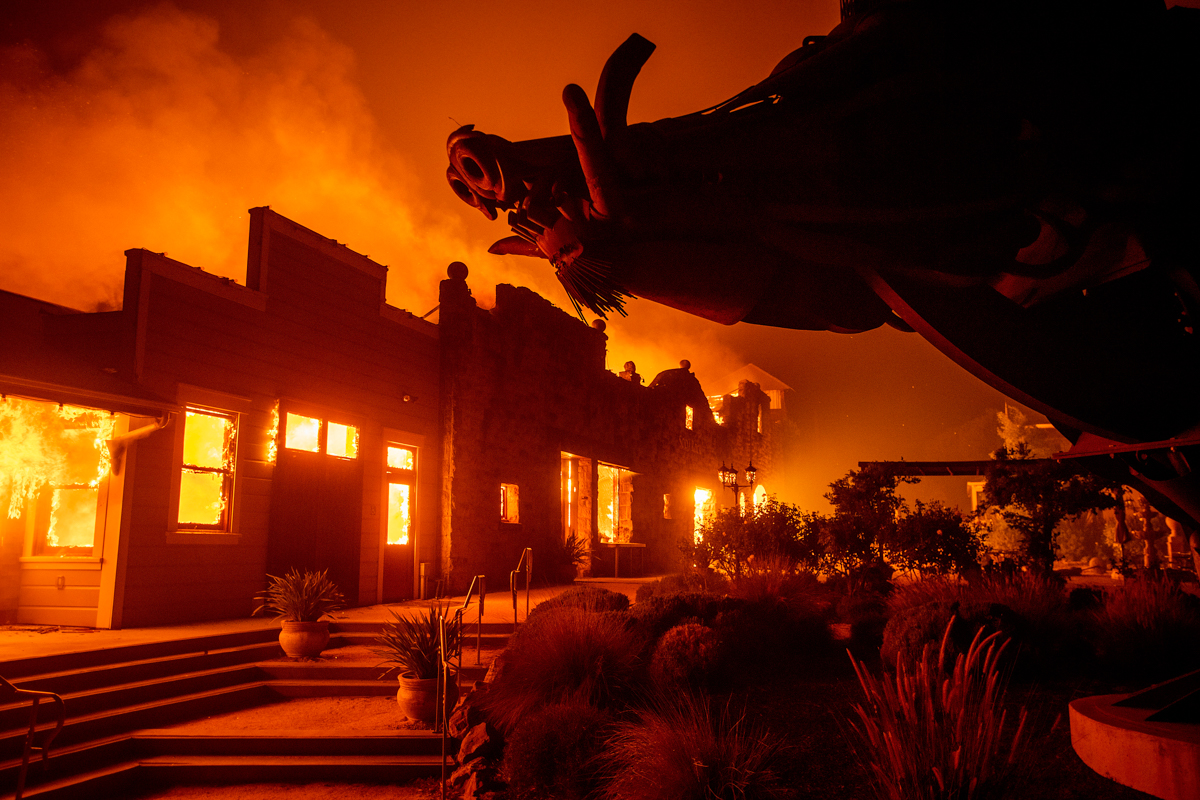 Flames from the Kincade Fire consume Soda Rock Winery on Sunday, Oct 27, 2019, in Healdsburg, Calif. (AP Photo/Noah Berger)