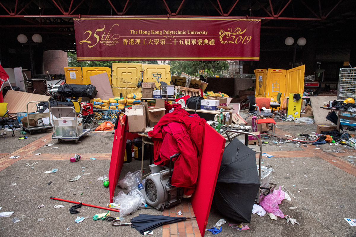 This general view shows debris inside the Hong Kong Polytechnic University campus where protesters have barricaded themselves, in the Hung Hom district in Hong Kong on November 19, 2019. - A dwindling