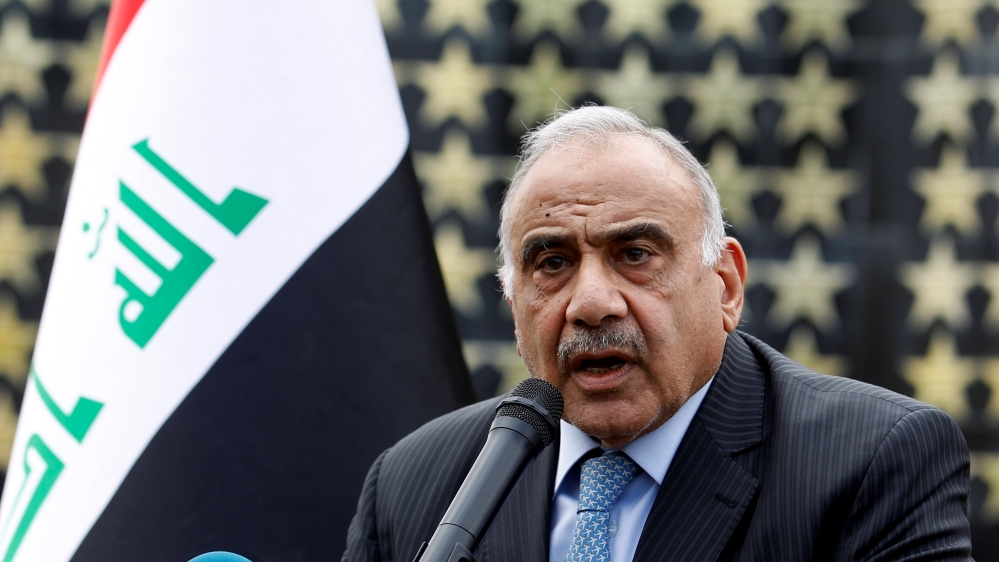 Iraqi Prime Minister Adel Abdul Mahdi speaks during a symbolic funeral ceremony of Major General Ali al-Lami, who commands the Iraqi Federal Police''s Fourth Division, who was killed in Salahuddin