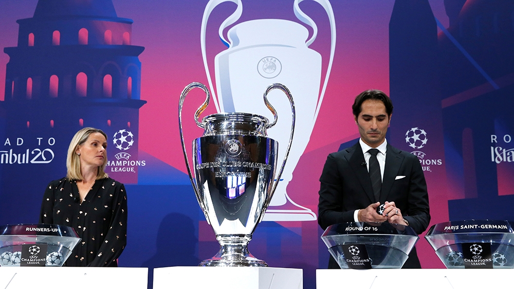 Soccer Football - Champions League - Round of 16 draw - Nyon, Switzerland - December 16, 2019 Hamit Altintop and Kelly Smith during the draw REUTERS/Denis Balibouse