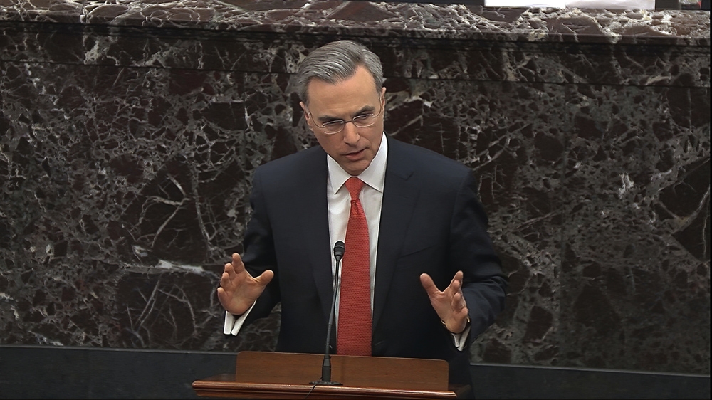 In this image from video, White House counsel Pat Cipollone speaks during the impeachment trial of Trump