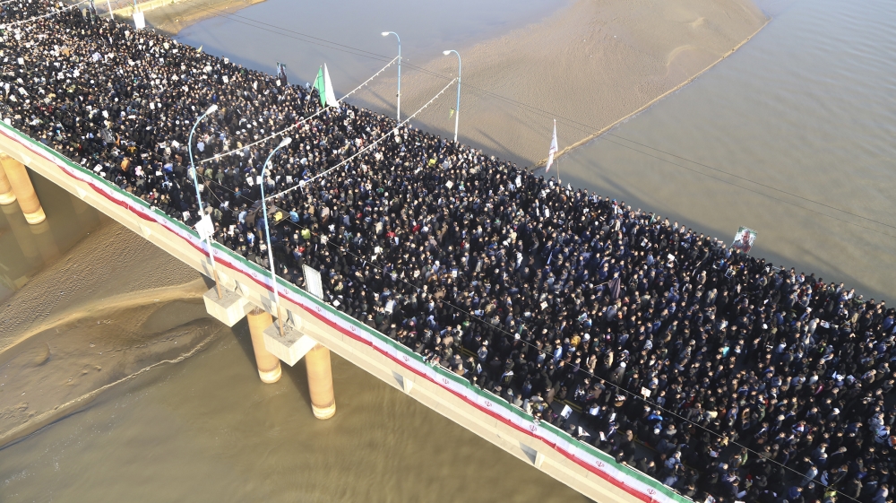 Mourners attend a funeral ceremony for Gen. Qassem Soleimani, who was killed in Iraq in a U.S. drone strike, in the southwestern city of Ahvaz, Iran, Sunday, Jan. 5, 2020. The body of Soleimani arrive