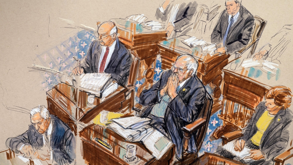 In this artist sketch, Democratic presidential candidate, Senator Bernie Sanders, flanked by Senator Ben Cardin and Senator Tammy Baldwin, listens during the impeachment trial of President Donald Trump