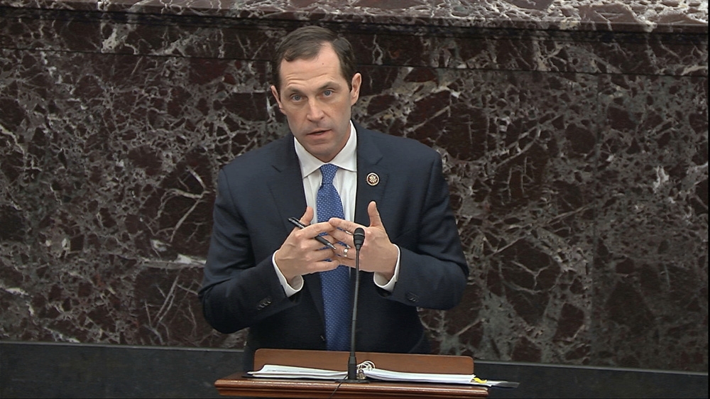 House impeachment manager Jason Crow speaks during the impeachment trial against President Donald Trump [The Associated Press]