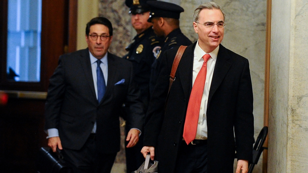 President Donald Trump’s personal attorney Jay Sekulow and White House Counsel Pat Cipollone arrive at the US Capitol for the eighth day of the Senate impeachment trial