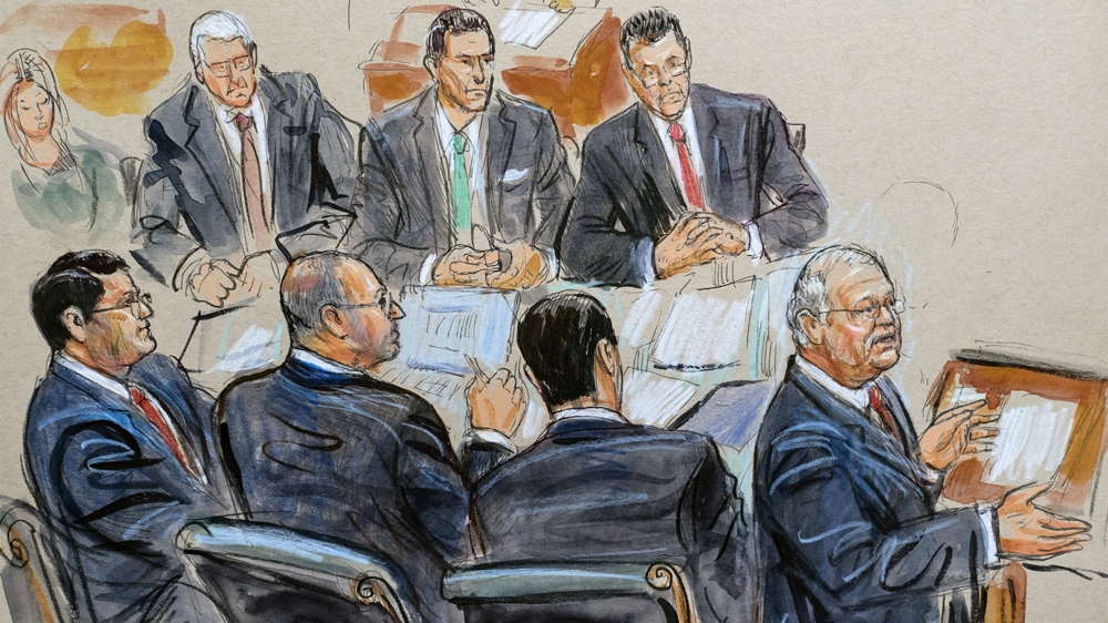 This artist sketch depicts Ken Starr making an argument in defence of President Donald Trump during his impeachment trial